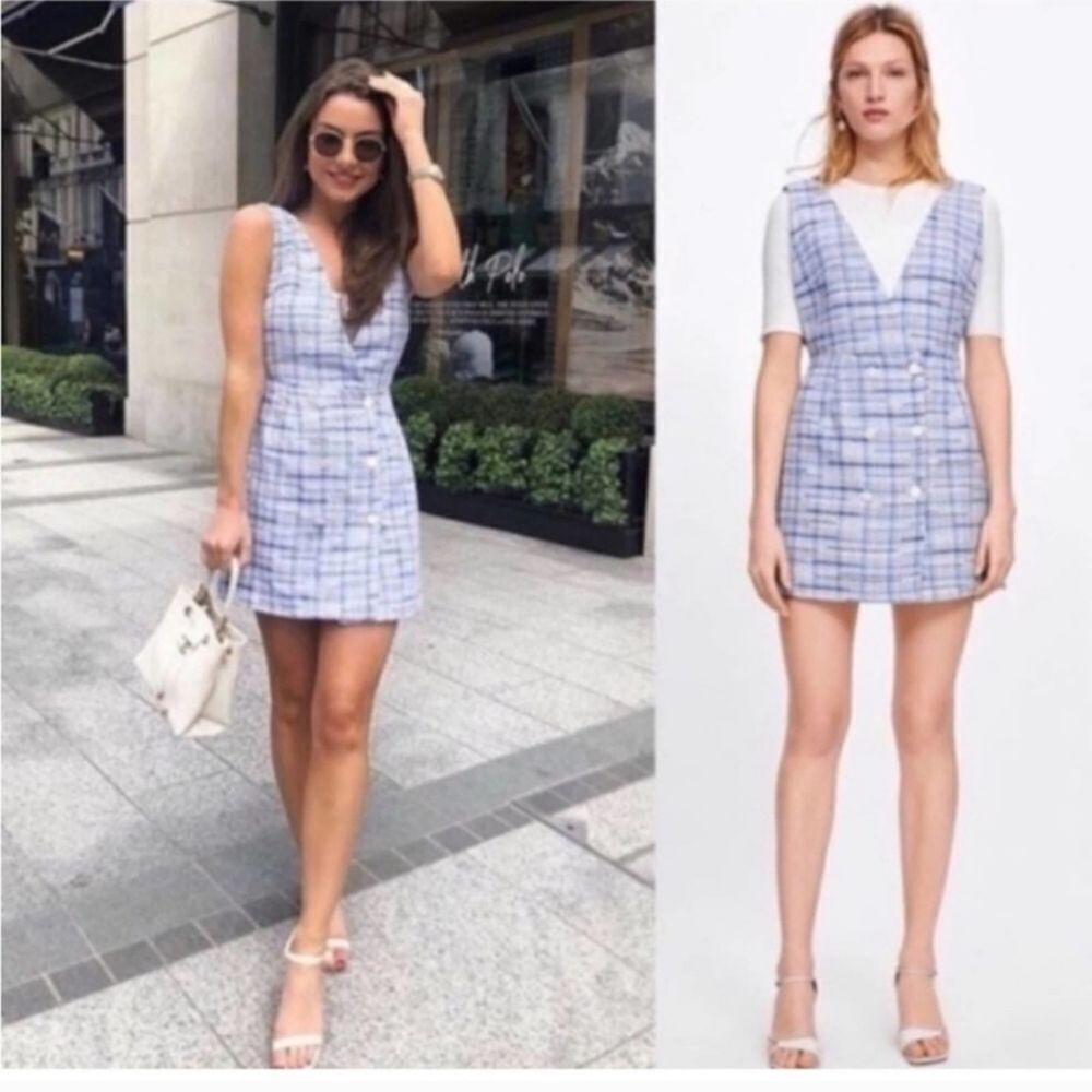 Zara Checked Pinafore Blue Tweed Dress Size Medium
